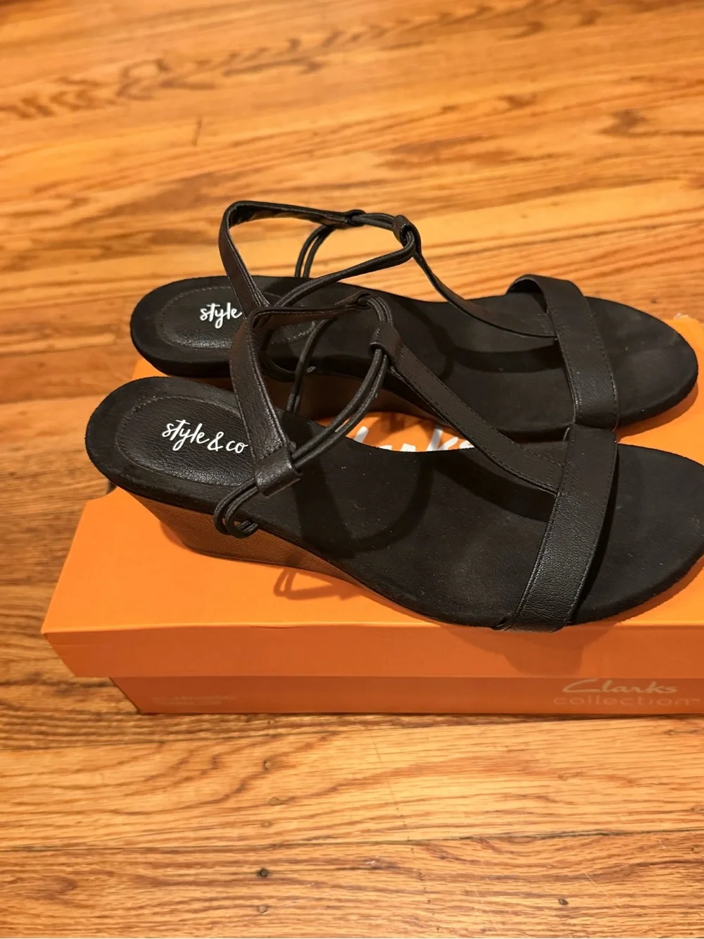 Style & Co. Black T-Strap Wedge Sandals